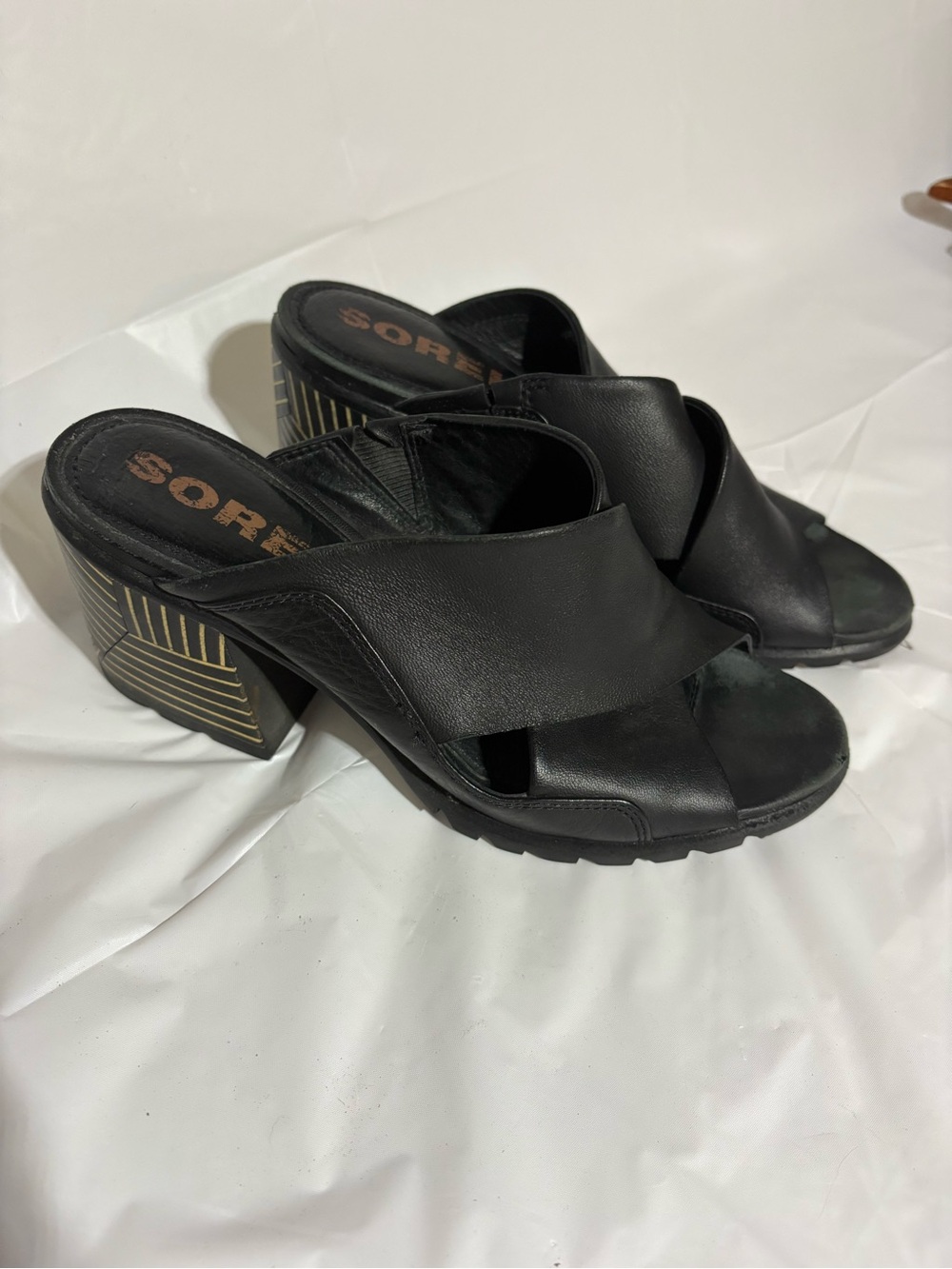 Sorel Black Leather Cross-Band Block Heel Mules